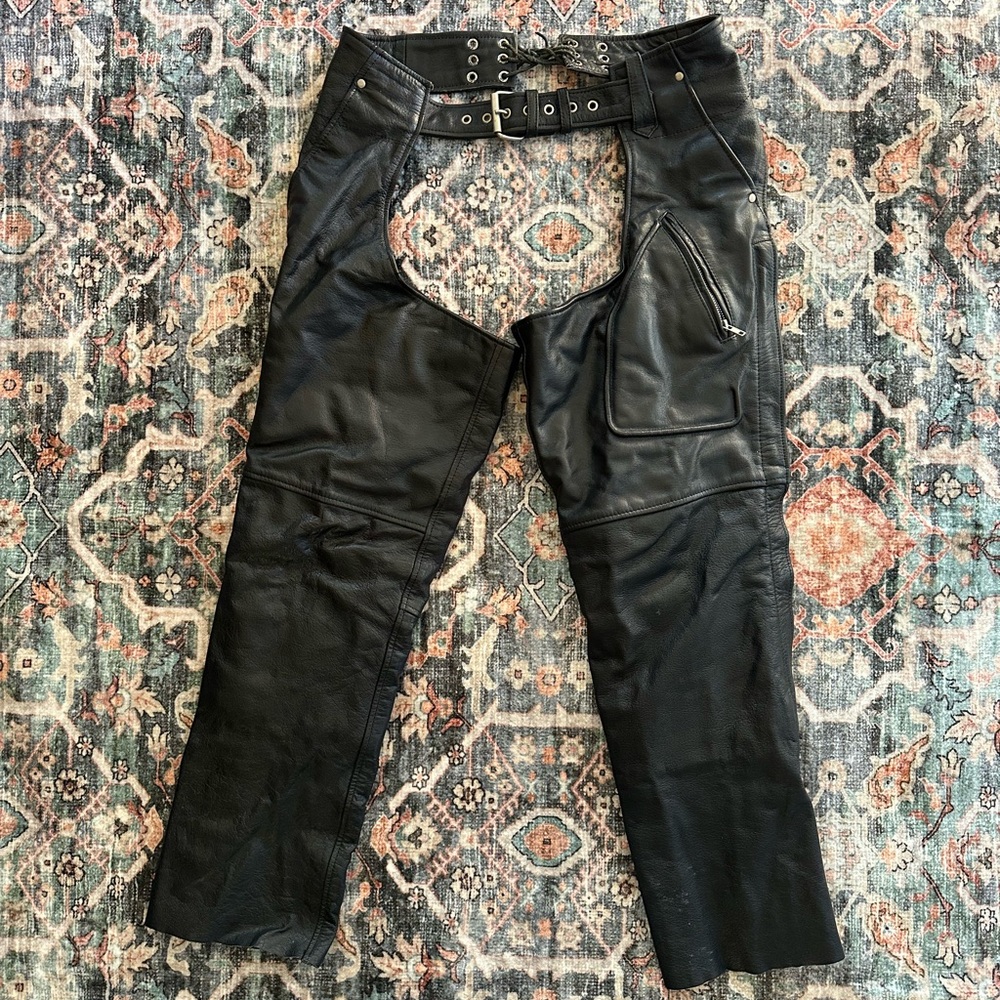 Black Genuine Leather Motorcycle Chaps Biker Zip Up Belted